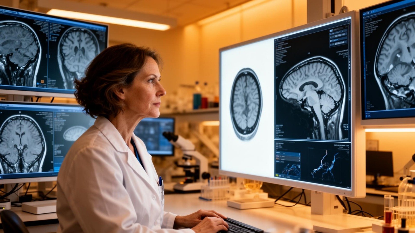 Neuroscientist analyzing brain scans